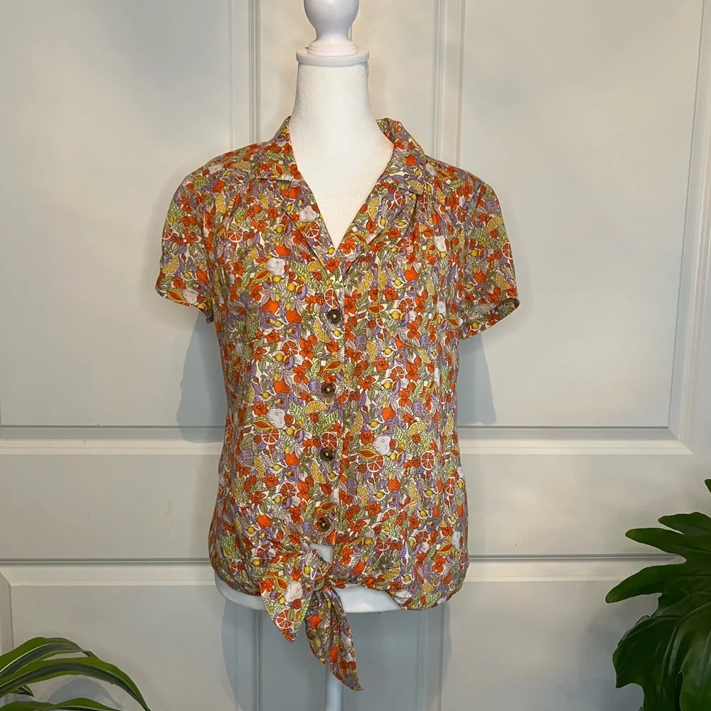 Anthropologie Maeve Button Down Citrus Tie Shirt Sz 8 - Picture 10 of 13